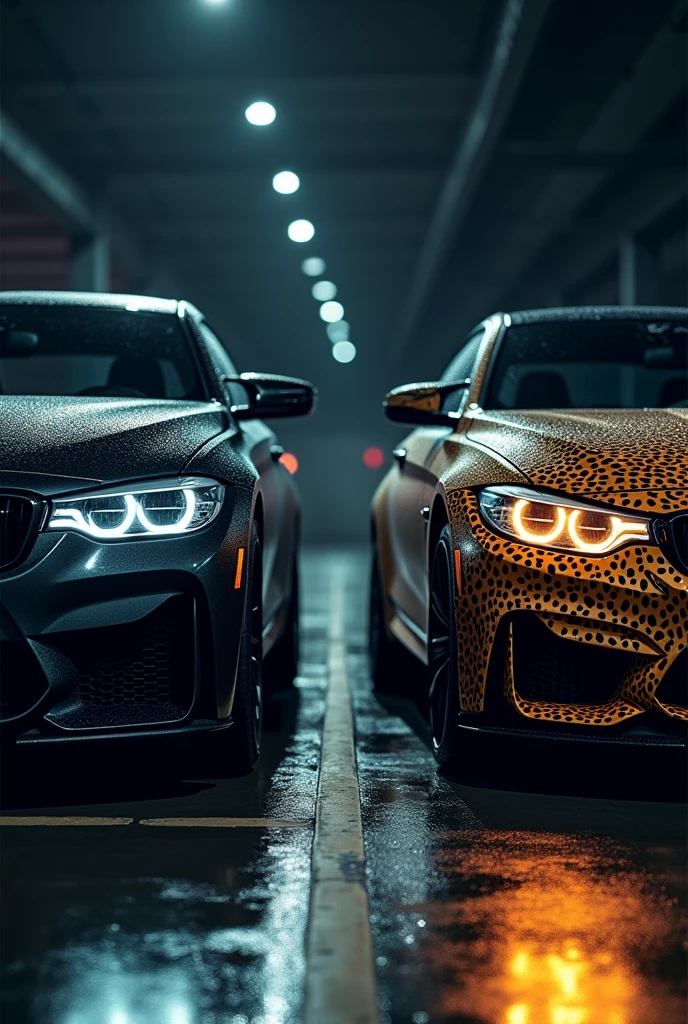 A highly realistic image of two bmw cars viewed from the front, parked side by side in a dimly lit parking lot at night. Both cars have their headlights on, illuminating the area in front of them. The first car on the left is a sleek, matte black vehicle with an aggressive, modern design. The second car on the right has a striking leopard print exterior, bold and eye-catching. The parking lot has typical features like marked parking spaces, and there are faint reflections on the wet asphalt from the cars' lights