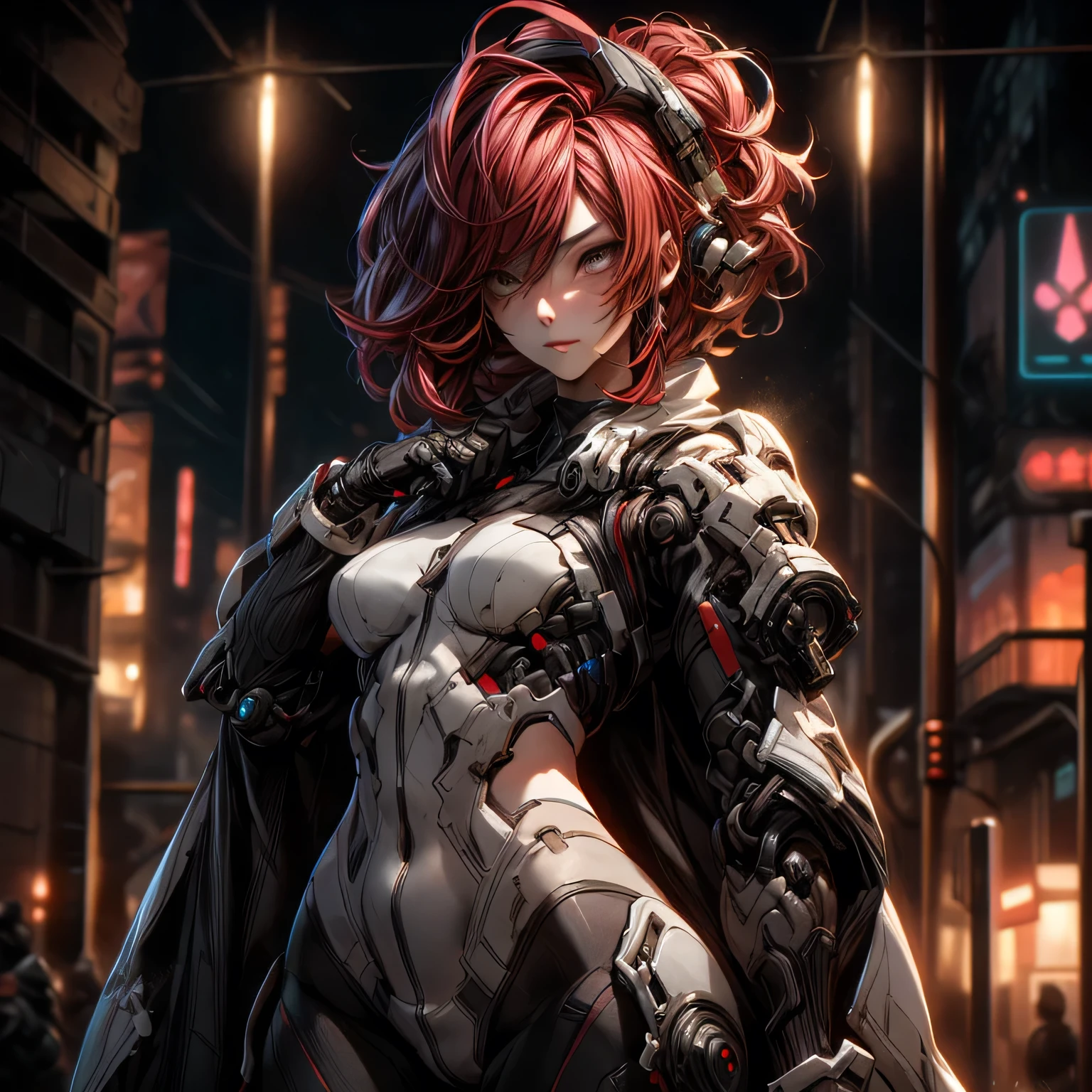 ((best quality)), ((Masterpiece)), (details:1.4), 3d, Image of a beautiful cyberpunk woman., HDR (high dynamic range), mature woman, Hips up, Curtain Bangs, Red hair, white eyes, battle suit, Heavy Red armor, PBR surface, After processing, Anisotropic filtration,depth of field, Maximum clarity and clarity, multi-layered surface, perfect proportions, 8K raw files, cyberpunk, at night, ผมหลายชั้น, กระโปรงสั้น, natural lighting, soft lighting, sunlight, หน้าอกใหญ่,