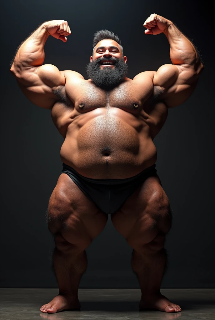um homem de Porto Rico big fit ass e barbudo axilas bem peludas posando em um palco com os braços levantados e um sorriso no rosto, body builder physique, Physicist exagerado, Physicist muscular exagerado, Mr. Universe, big fit ass, long, stark, Physicist |, corpo fitness ifbb, body builder posing, body builder, body builder body, ernest khalimov body, posing and flexing, Physicist exageradamente big fit ass, body builder