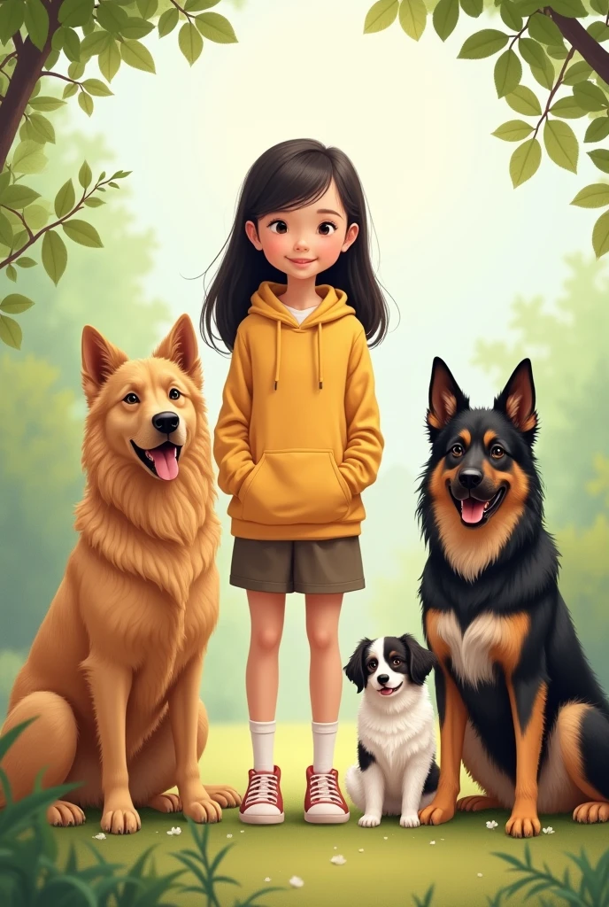 An illustration of a girl with four dogs, I will give you the order of the size of the dogs and their characteristics.
1 The first dog is the biggest and is a hairy honey color, Golden retriever breed 2 The second dog is a little smaller than the big one and is dark brown, German Shepherd 3 The third dog is dark brown with a mix of light brown tones, a stray dog 4 The fourth dog is the smallest, with Chinese fur is white with black spots