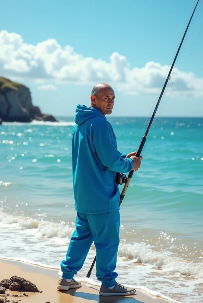 Highly realistic 8k photos, holding a fishing rod at the beach, Wearing blue clothes, Look at the camera with fascination