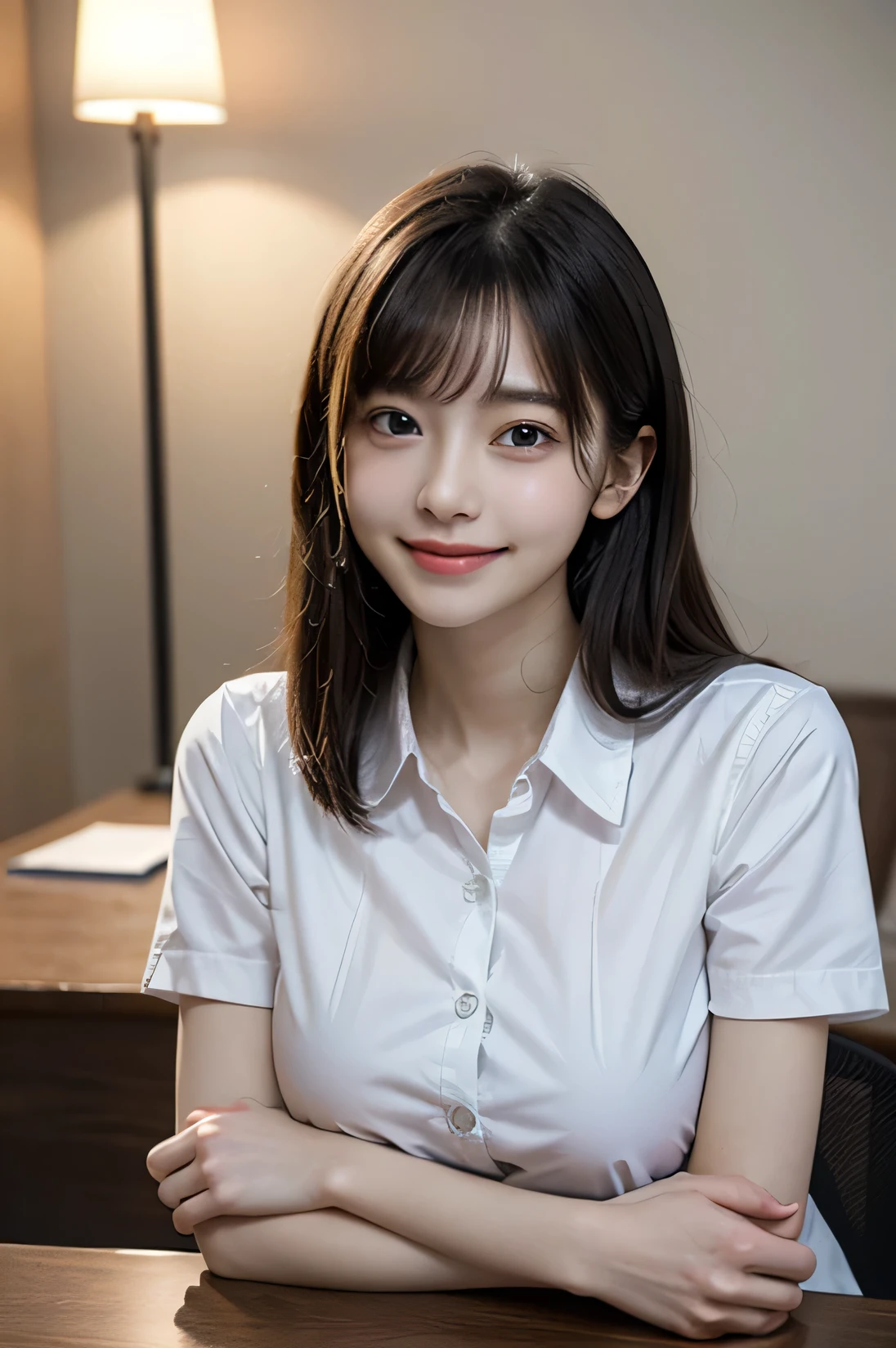 Tabletop, masterpiece, top quality, high resolution, HDR, 8k, very beautiful Japanese girl in casual office shirt, black hair, bangs, ((big breasts)), concentrated face, smile, happy, random pose, perfect
