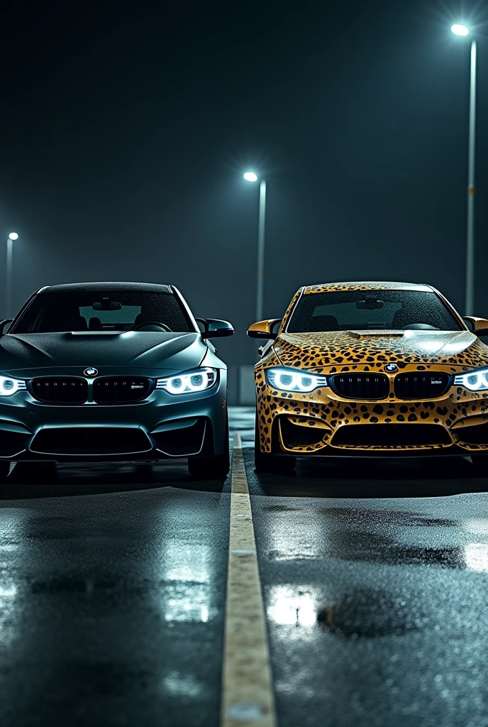 A highly realistic image of two bmw cars viewed from the front, parked side by side in a dimly lit parking lot at night. Both cars have their headlights on, illuminating the area in front of them. The first car on the left is a sleek, matte black vehicle with an aggressive, modern design. The second car on the right has a striking leopard print exterior, bold and eye-catching. The parking lot has typical features like marked parking spaces, and there are faint reflections on the wet asphalt from the cars' lights