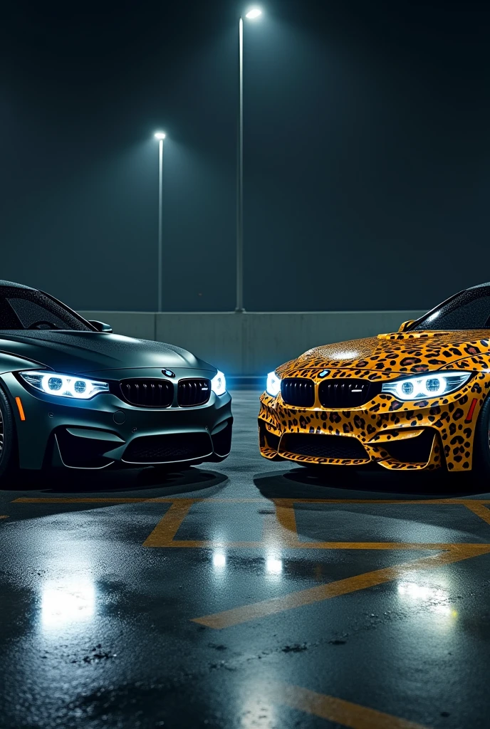 A highly realistic image of two bmw cars viewed from the front, parked side by side in a dimly lit parking lot at night. Both cars have their headlights on, illuminating the area in front of them. The first car on the left is a sleek, matte black vehicle with an aggressive, modern design. The second car on the right has a striking leopard print exterior, bold and eye-catching. The parking lot has typical features like marked parking spaces, and there are faint reflections on the wet asphalt from the cars' lights