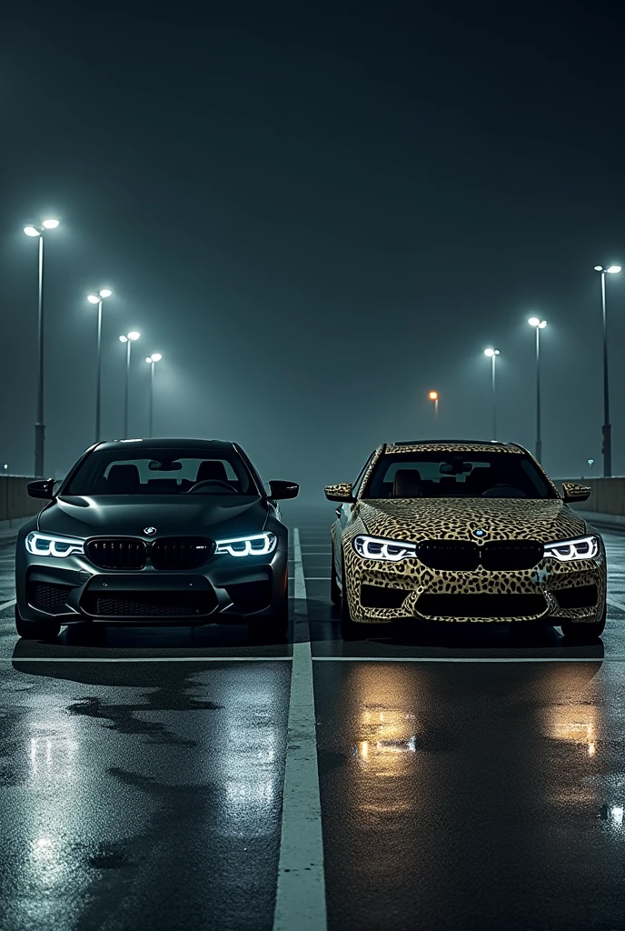 A highly realistic image of two bmw cars viewed from the front, parked side by side in a dimly lit parking lot at night. Both cars have their headlights on, illuminating the area in front of them. The first car on the left is a sleek, matte black vehicle with an aggressive, modern design. The second car on the right has a striking leopard print exterior, bold and eye-catching. The parking lot has typical features like marked parking spaces, and there are faint reflections on the wet asphalt from the cars' lights