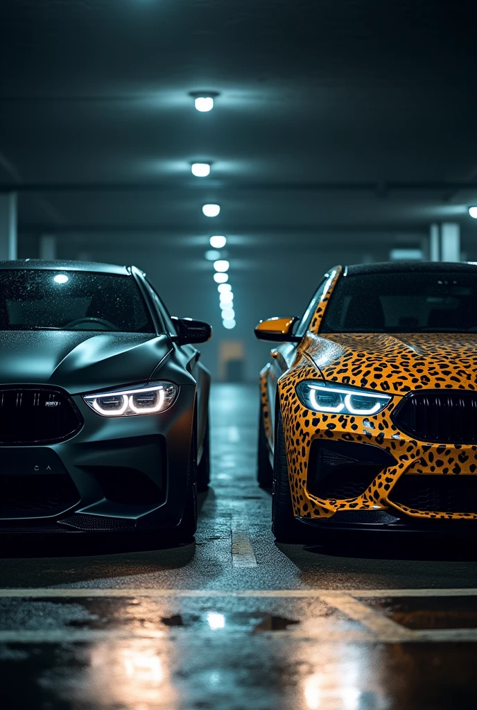 A highly realistic image of two bmw cars viewed from the front, parked side by side in a dimly lit parking lot at night. Both cars have their headlights on, illuminating the area in front of them. The first car on the left is a sleek, matte black vehicle with an aggressive, modern design. The second car on the right has a striking leopard print exterior, bold and eye-catching. The parking lot has typical features like marked parking spaces, and there are faint reflections on the wet asphalt from the cars' lights
