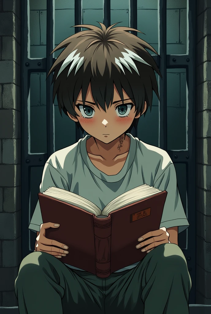 A boy with short brown hair and white streaks, a little dark circles, with scars on the neck, seated, reading a book in prison anime