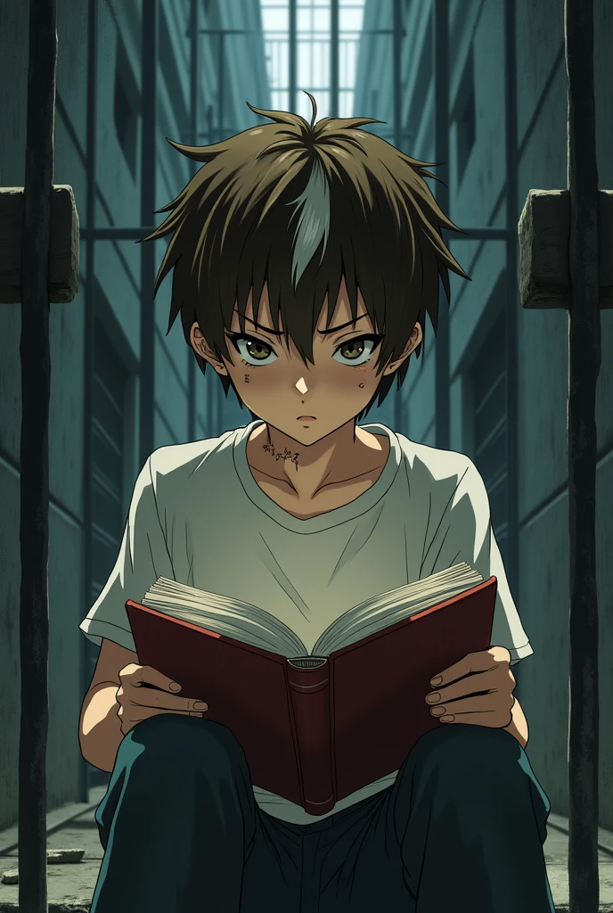 A boy with short brown hair and white streaks, a little dark circles, with scars on the neck, seated, reading a book in prison anime