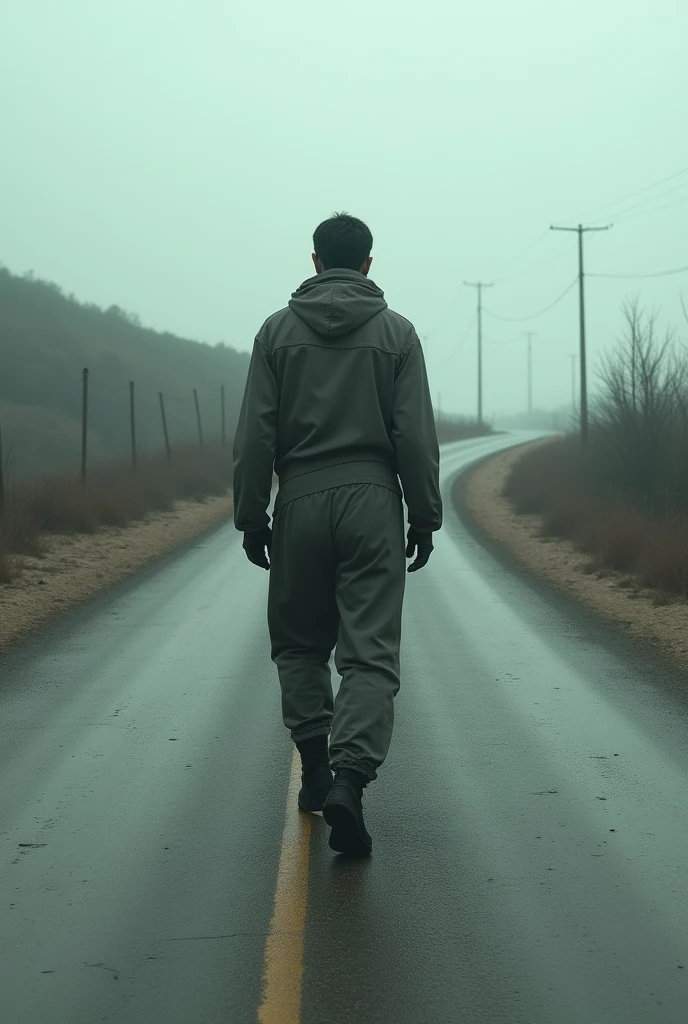A man walking backwards on a deserted road