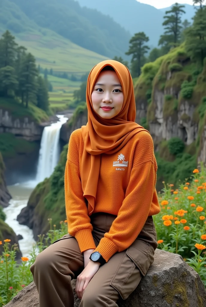 Beautiful Korean girl, smooth white skin, well-groomed face, thin smile, orange hijab, orange knitted shirt, SANTI logo motif, brown cargo pants, cool black watch, posing, sitting on a very high mountain peak, with very beautiful detailed views , background from above the river. flowing fast from the waterfall.. Trees, green and spacious rice fields, cliffs covered with moss and beautiful flowers, original photos,