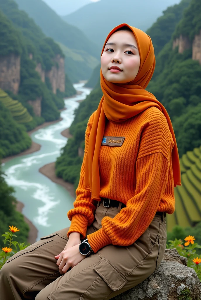Beautiful Korean girl, smooth white skin, well-groomed face, brown hijab combined with orange, brown hoodie combined with orange with mangosteen fruit motif, brown cargo pants, sitting on a wooden bridge, there is a river covered with small flowers of various colors, there are small stones, the water is very clear, the views are exotic, the background is mountains, there are waterfalls, the cliffs are overgrown
Green moss and shady trees look authentic, real and realistic in photos