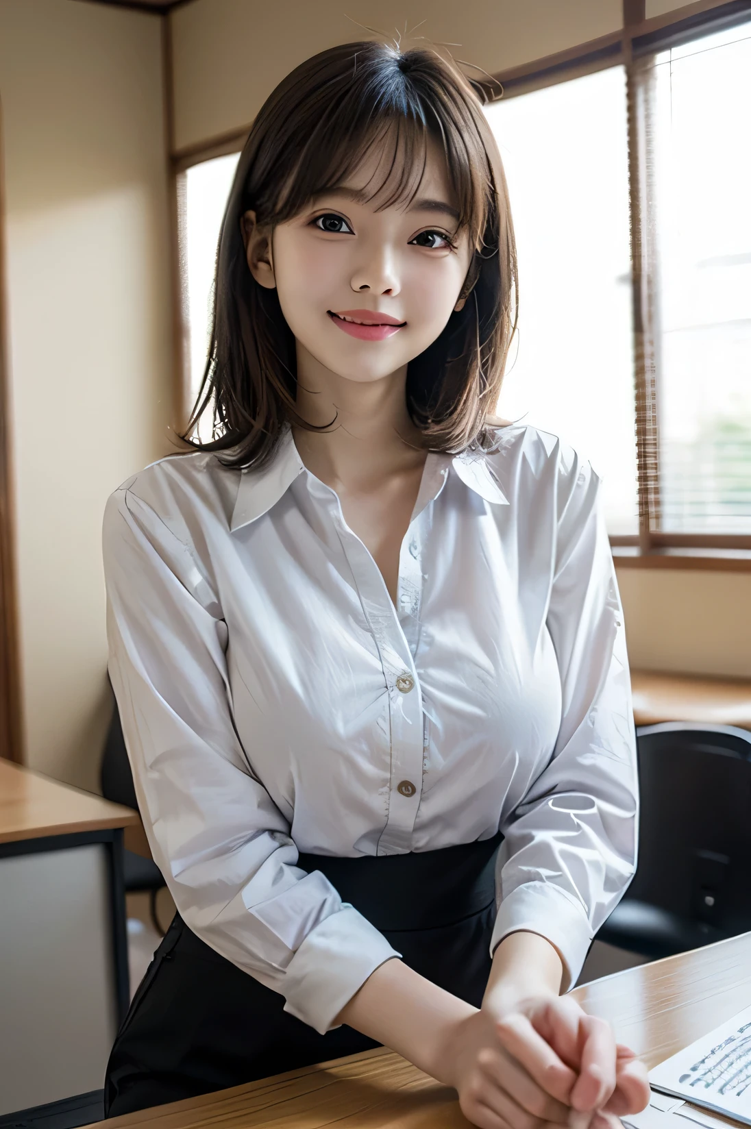 Tabletop, masterpiece, top quality, high resolution, HDR, 8k, very beautiful Japanese girl in casual office shirt, black hair, bangs, ((big breasts)), concentrated face, smile, happy, random pose, perfect