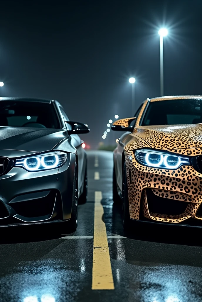 ((chef-d'œuvre)), ((Meilleure qualité)), ((haute résolution)), A highly realistic image of two bmw cars viewed from the front, parked side by side in a dimly lit parking lot at night. Both cars have their headlights on, illuminating the area in front of them. The first car on the left is a sleek, matte black vehicle with an aggressive, modern design. The second car on the right has a striking leopard print exterior, bold and eye-catching. The parking lot has typical features like marked parking spaces, and there are faint reflections on the wet asphalt from the cars' lights