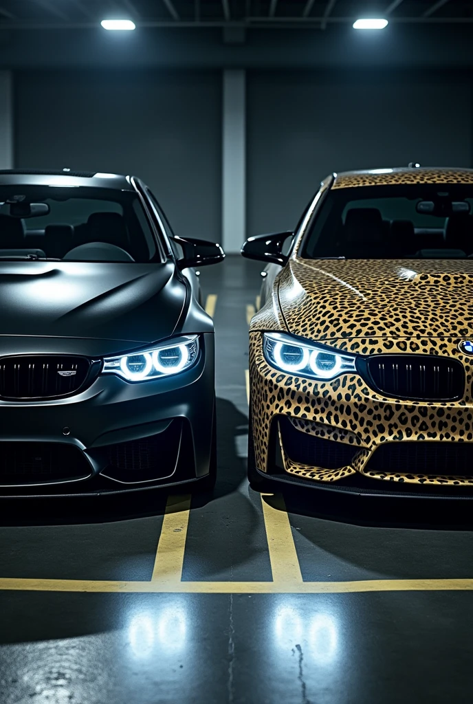 ((chef-d'œuvre)), ((Meilleure qualité)), ((haute résolution)), A highly realistic image of two bmw cars viewed from the front, parked side by side in a dimly lit parking lot at night. Both cars have their headlights on, illuminating the area in front of them. The first car on the left is a sleek, matte black vehicle with an aggressive, modern design. The second car on the right has a striking leopard print exterior, bold and eye-catching. The parking lot has typical features like marked parking spaces, and there are faint reflections on the wet asphalt from the cars' lights