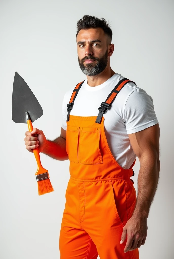 Strong Man in White T-shirt and Orange Construction Overalls, holds a triangular construction spatula in one hand, in another one, an orange paint brush, Studio Photography, studio lighting, realistic skin texture and detail, the man stands slightly sideways, background white uniform, The photo was taken from the waist up
