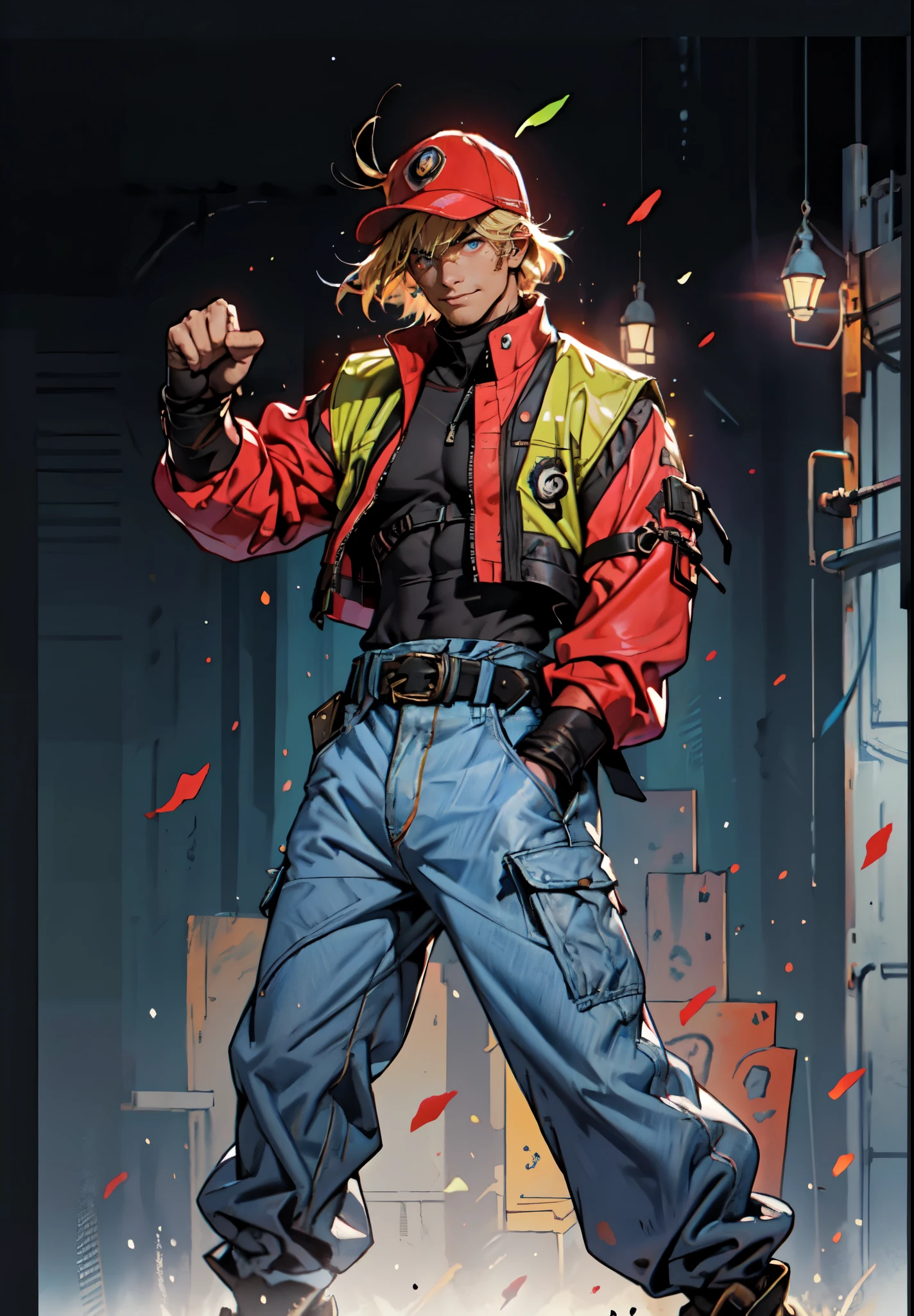 (masterpiece:1.2, best quality:1.2, extremely delicate:1.2), ((male:1.5)), a young man with blonde hair, wearing a red baseball cap backward, messy bangs windblown, a handsome face, a lazy gaze, a confident smile, a fantasy-realism style blue work vest jacket, underneath is a dark blue denim long robe with a long hem, a leather belt, loose coarse cloth trousers, strikes a kung fu pose in a horse stance, as fallen leaves are swept up by a whirlwind around him, this character embodies a finely crafted fantasy-realism style kung fu warrior in anime style, exquisite and mature manga art style, dramatic, high definition, highres, ultra-detailed, ultra-fine painting, professional, perfect body proportions, golden ratio, anatomically correct, symmetrical face, extremely detailed eyes and face, high quality eyes, creativity, RAW photo, UHD, 32k, Natural light, cinematic lighting, (masterpiece-anatomy-perfect:1.2)