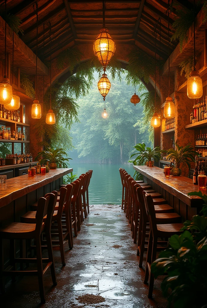 a pub with a party, Amazonian regional footprint, rustic and with mirrors, river footprint with Chopp, forest and glass, a cozy nighttime environment for lovers of the Amazon, pub and drinks