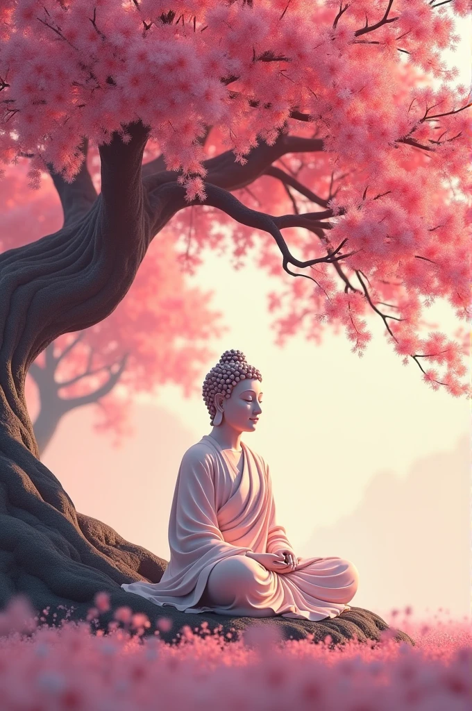 A lord budha sir under the tree and tree colour is pink