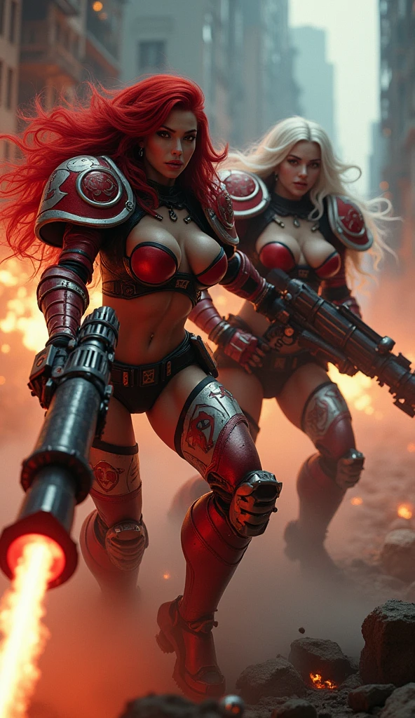 Full body pose y sisters of battle from the warhammer 40k, shooting at the enemy, red space marine armor with intricate details, white space marine armor with intricate details, symbols on the armor, sisters of battle, warhammer 40k, Massive exposed silicone breale skin, seductive, temptation, eat your soul, clevage, long red flowing hair, long white flowing hair, long black flowing hair with purple highlights, heavy gothic makeup, at night, neon, beautiful detailed eyes, beautiful detailed lips, extremely detailed eyes and face, long eyelashes, highly detailed armor, intricate futuristic weaponry, dramatic lighting, cinematic composition, muted color palette, gritty and realistic, mecha, science fiction, hyper-detailed, photorealistic, award winning digital art, 8k, HDR, masters work, in the middle of a battle field, full body combat action pose, explosions and fire around, full war, stunning, Stilleto heels, high heels, full body pose, cinematic, movie trailer, final stand!, nemesis, ready to strike, dust and debree, combat screams, attacking, shooting at the enemy, running forward, last line of defense, charging, fanatic, religious, templar knights, sisters of battle, warhammer 40k, shooting at the enemy, bimbo gig exposed breast, jetpacace marine