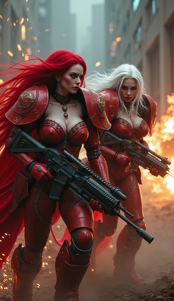 Full body pose sexy sisters of battle from the warhammer 40k, shooting at the enemy, red space marine armor with intricate details, white space marine armor with intricate details, symbols on the armor, sisters of battle, warhammer 40k, Massive exposed silicone breast, pale skin, seductive, temptation, eat your soul, clevage, long red flowing hair, long white flowing hair, long black flowing hair with purple highlights, heavy gothic makeup, at night, neon, beautiful detailed eyes, beautiful detailed lips, extremely detailed eyes and face, long eyelashes, highly detailed armor, intricate futuristic weaponry, dramatic lighting, cinematic composition, muted color palette, gritty and realistic, mecha, science fiction, hyper-detailed, photorealistic, award winning digital art, 8k, HDR, masters work, in the middle of a battle field, full body combat action pose, explosions and fire around, full war, stunning, Stilleto heels, high heels, full body pose, cinematic, movie trailer, final stand!, nemesis, ready to strike, dust and debree, combat screams, attacking, shooting at the enemy, running forward, last line of defense, charging, fanatic, religious, templar knights, sisters of battle, warhammer 40k, shooting at the enemy, bimbo gigantic exposed breast, jetpacks, space marine 