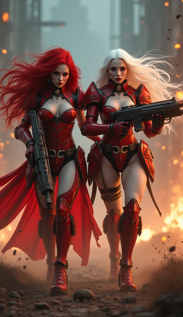 Full body pose sexy sisters of battle from the warhammer 40k, shooting at the enemy, red space marine armor with intricate details, white space marine armor with intricate details, symbols on the armor, sisters of battle, warhammer 40k, Massive exposed silicone breast, pale skin, seductive, temptation, eat your soul, clevage, long red flowing hair, long white flowing hair, long black flowing hair with purple highlights, heavy gothic makeup, at night, neon, beautiful detailed eyes, beautiful detailed lips, extremely detailed eyes and face, long eyelashes, highly detailed armor, intricate futuristic weaponry, dramatic lighting, cinematic composition, muted color palette, gritty and realistic, mecha, science fiction, hyper-detailed, photorealistic, award winning digital art, 8k, HDR, masters work, in the middle of a battle field, full body combat action pose, explosions and fire around, full war, stunning, Stilleto heels, high heels, full body pose, cinematic, movie trailer, final stand!, nemesis, ready to strike, dust and debree, combat screams, attacking, shooting at the enemy, running forward, last line of defense, charging, fanatic, religious, templar knights, sisters of battle, warhammer 40k, shooting at the enemy, bimbo gigantic exposed breast, jetpacks, space marine