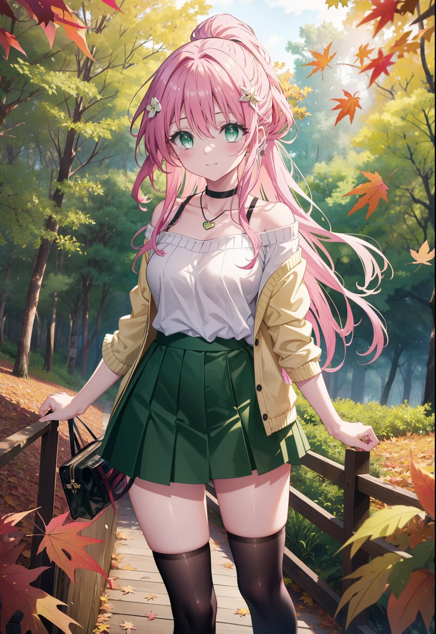 Laladevi Luke, Lara Deviluke, Long Hair, Pink Hair, tail, Ahoge, bangs, hair ornaments, (Green Eyes:1.5), smile,Open your mouth,ponytail,Open your mouth,blush,
break demon tail, Bare neck,bare clavicle,Bare shoulders,Heart Necklace,Off-the-shoulder sweater,mini skirt,black tights, short boots,Walking,,autumn leaves,autumn leavesが散っている,autumn leavesが積もっている,Daytime,Clear skies,whole bodyがイラストに入るように,
break outdoors, forest,
break looking at viewer, whole body,
break (masterpiece:1.2), Highest quality, High resolution, unity 8k wallpaper, (figure:0.8), (beautiful detailed eyes:1.6), extremely detailed face, Perfect lighting, extremely detailed CG, (Perfect hands, Perfect Anatomy),