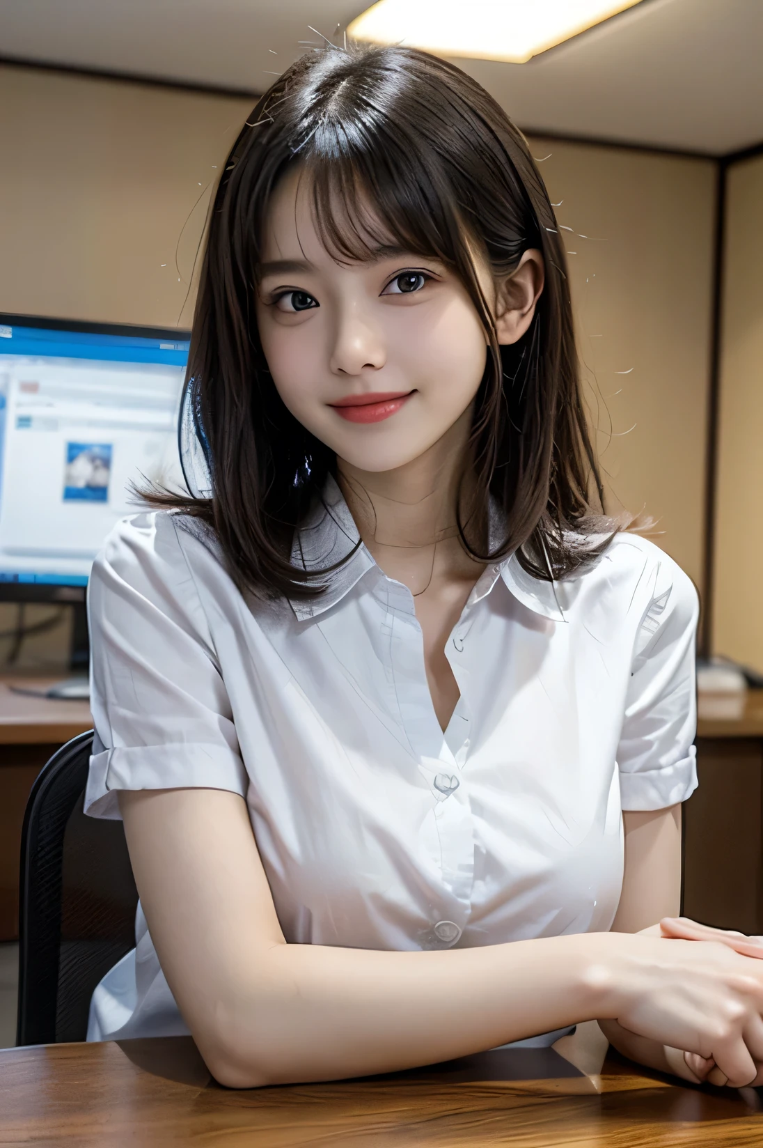 Tabletop, masterpiece, top quality, high resolution, HDR, 8k, very beautiful Japanese girl in casual office shirt, black hair, bangs, ((big breasts)), concentrated face, smile, happy, random pose, perfect