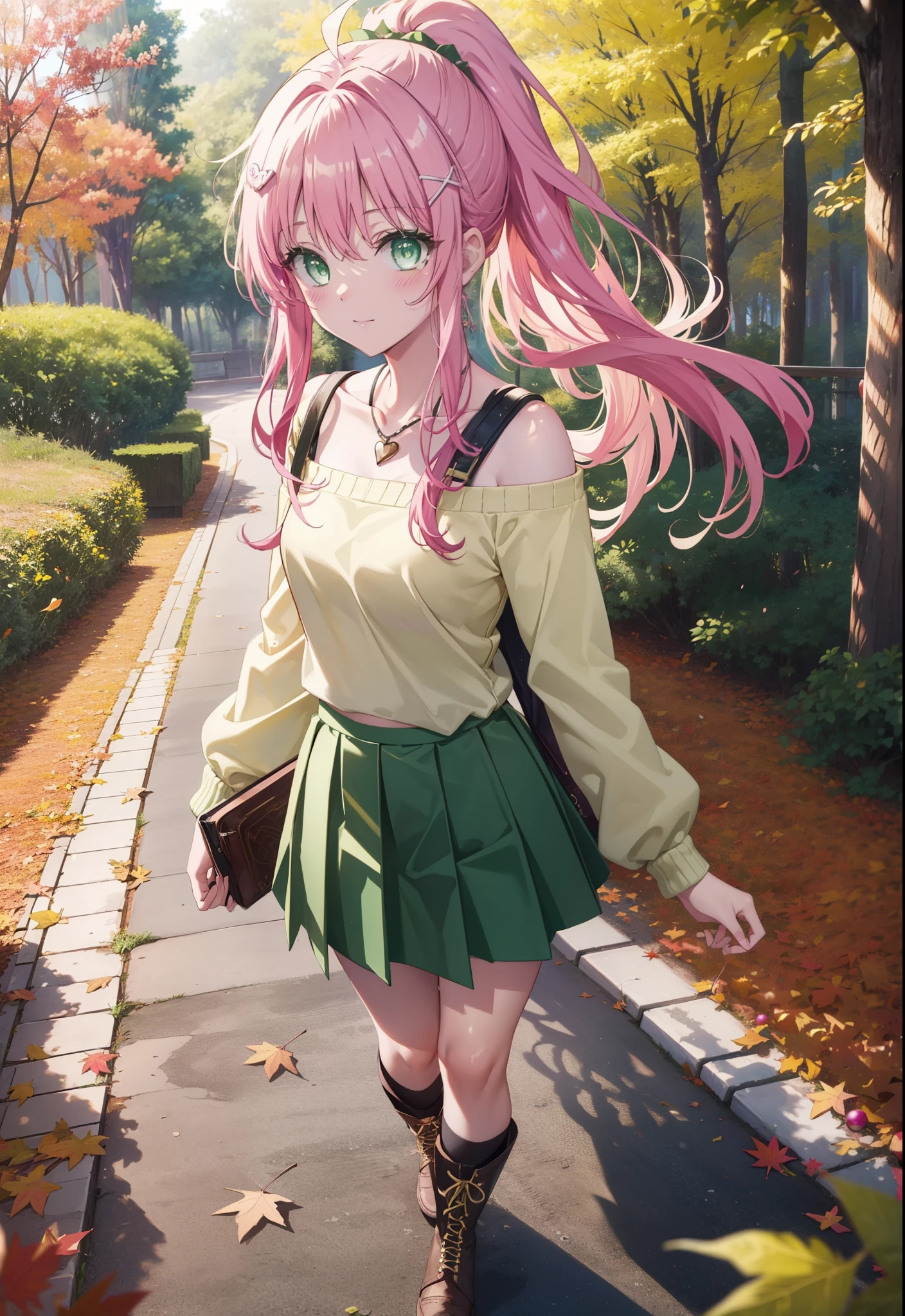 Laladevi Luke, Lara Deviluke, Long Hair, Pink Hair, tail, Ahoge, bangs, hair ornaments, (Green Eyes:1.5), smile,Open your mouth,ponytail,Open your mouth,blush,
break demon tail, Bare neck,bare clavicle,Bare shoulders,Heart Necklace,Off-the-shoulder sweater,mini skirt,black tights, short boots,Walking,,autumn leaves,autumn leavesが散っている,autumn leavesが積もっている,Daytime,Clear skies,whole bodyがイラストに入るように,
break outdoors, forest,
break looking at viewer, whole body,
break (masterpiece:1.2), Highest quality, High resolution, unity 8k wallpaper, (figure:0.8), (beautiful detailed eyes:1.6), extremely detailed face, Perfect lighting, extremely detailed CG, (Perfect hands, Perfect Anatomy),