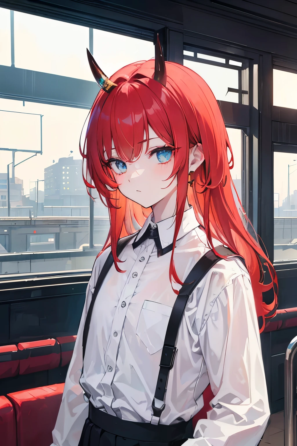 (best quality),(masterpiece), (extremely detailed 8K wallpaper),ultra-detailed,cinematic lighting, detailed light, best shadow, dyanamic angle, from down, train station, train, signal light, 1boy, leonard dung, red hair, aqua eyes, earring, single horn, strip mark on face, shone, white shirt,, detailed face, detailed reflctive eyes, beautiful eyes, extremely deatiled face,reflective hair,