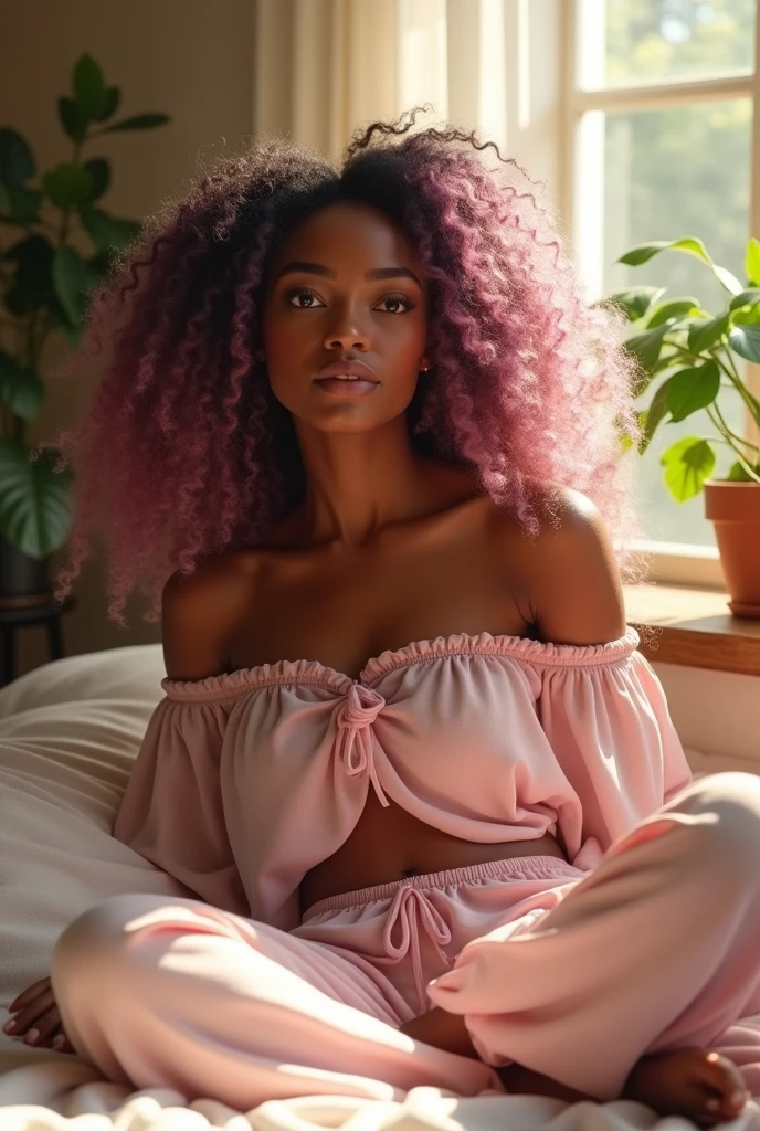 (photorealism:1.2), beautiful black woman, sitting on bed, wearing loose off-shoulder top with L in it, pajama pants, long curly pink and purple hair, indoors, soft lighting, plants in background, window with sunlight, cozy room, relaxed pose, realistic, intricate details, warm colors