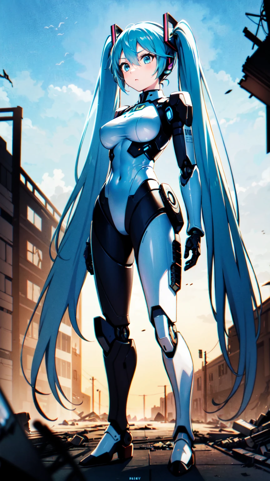 Hatsune Miku Vocaloid、Mecha Girl、Gundam Armor, Twin tails、Light blue hair、Bright Blue Eyes、Big Breasts, Highly sophisticated cyborg, Arms folded in front of the destroyed city, Ultimate physical beauty、Bionic body with futuristic details. (Arms folded in front of the destroyed city、Highly sophisticated cyborg, Bionic body with futuristic details.)