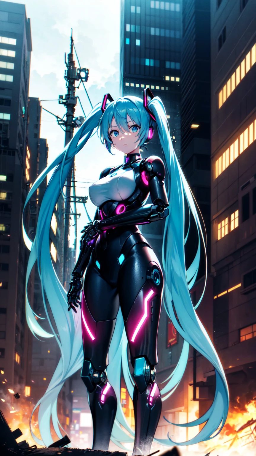 Hatsune Miku Vocaloid、Mecha Girl、Gundam Armor, Twin tails、Light blue hair、Bright Blue Eyes、Big Breasts, Highly sophisticated cyborg, Arms folded in front of the destroyed city, Ultimate physical beauty、Bionic body with futuristic details. (Arms folded in front of the destroyed city、Highly sophisticated cyborg, Bionic body with futuristic details.)