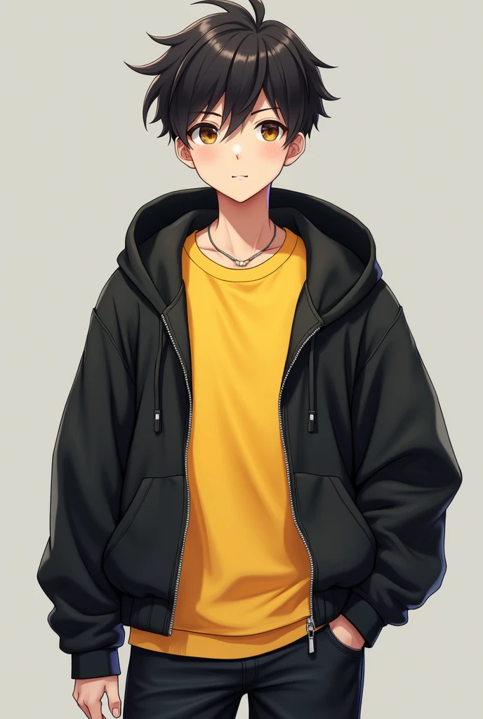 anime boy character shirt color is yellow wearing black hoddie boy add some realistic details