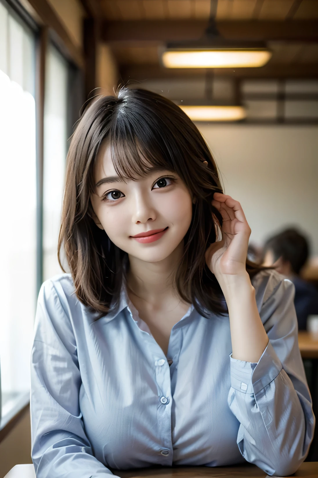 Tabletop, masterpiece, top quality, high resolution, HDR, 8k, very beautiful Japanese girl in casual office shirt, black hair, bangs, ((big breasts)), concentrated face, smile, happy, random pose, perfect