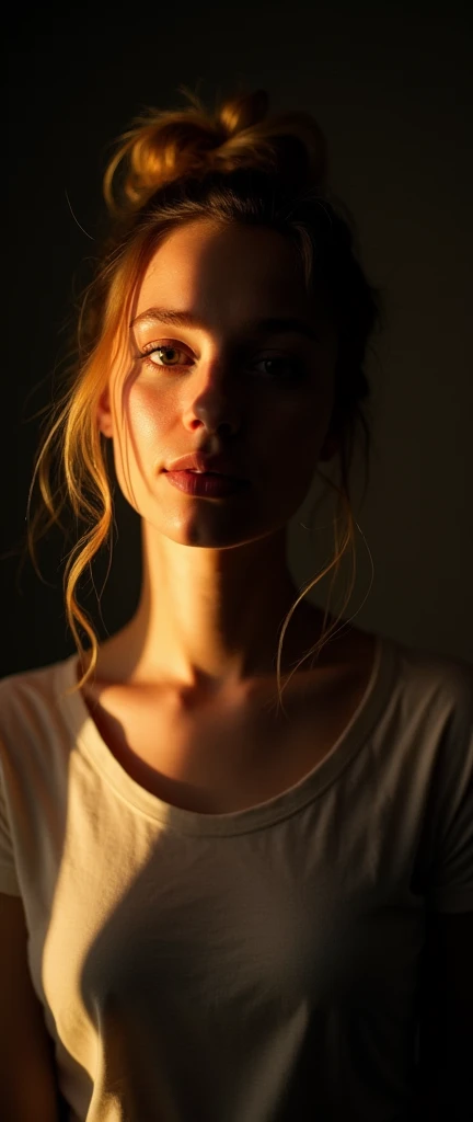 analog photo,silhouette,spotlight,close up portrait,
a beautiful cute young Swiss woman,1,highly detailed face,blonde,messy bun,
seducing facial expression,wearing t-shirt,dark background,warm colors,
RAW candid cinema,16mm,color graded portra 400 film,remarkable color,ultra realistic,