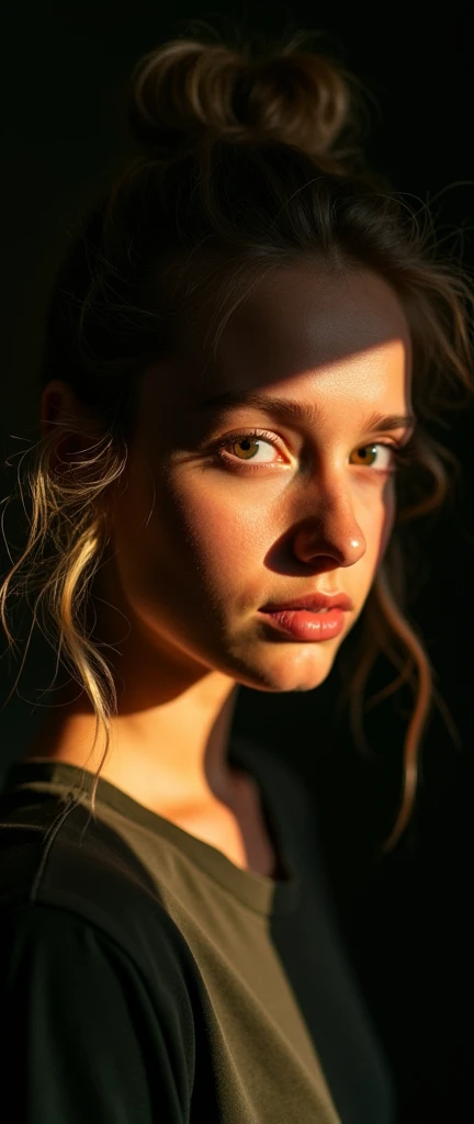 analog photo,silhouette,spotlight,close up portrait,
a beautiful cute young Swiss woman,1,highly detailed face,blonde,messy bun,
seducing facial expression,wearing t-shirt,dark background,warm colors,
RAW candid cinema,16mm,color graded portra 400 film,remarkable color,ultra realistic,