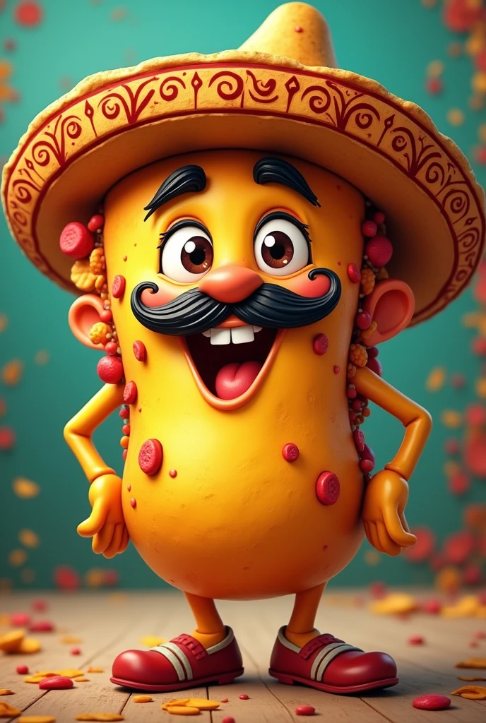 Create a logo of a happy Mexican nacho with mustache, Charro hat, legs and hands