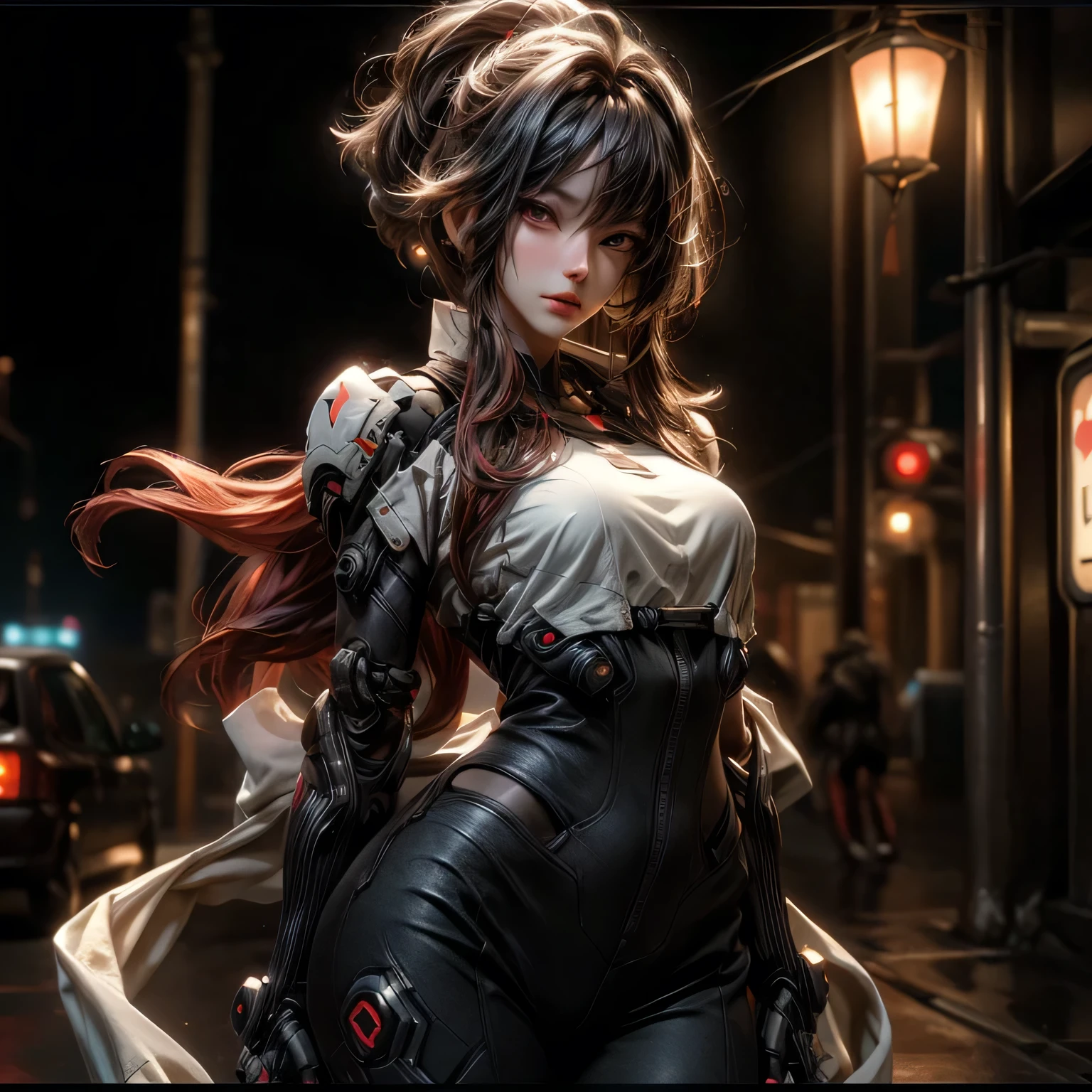 ((best quality)), ((Masterpiece)), (details:1.4), 3d, Image of a beautiful cyberpunk woman., HDR (high dynamic range), mature woman, Hips up, Curtain Bangs, Red hair, white eyes, battle suit, Heavy Red armor, PBR surface, After processing, Anisotropic filtration,depth of field, Maximum clarity and clarity, multi-layered surface, perfect proportions, 8K raw files, cyberpunk, at night, ผมหลายชั้น, กระโปรงสั้น, natural lighting, soft lighting, sunlight, หน้าอกใหญ่,