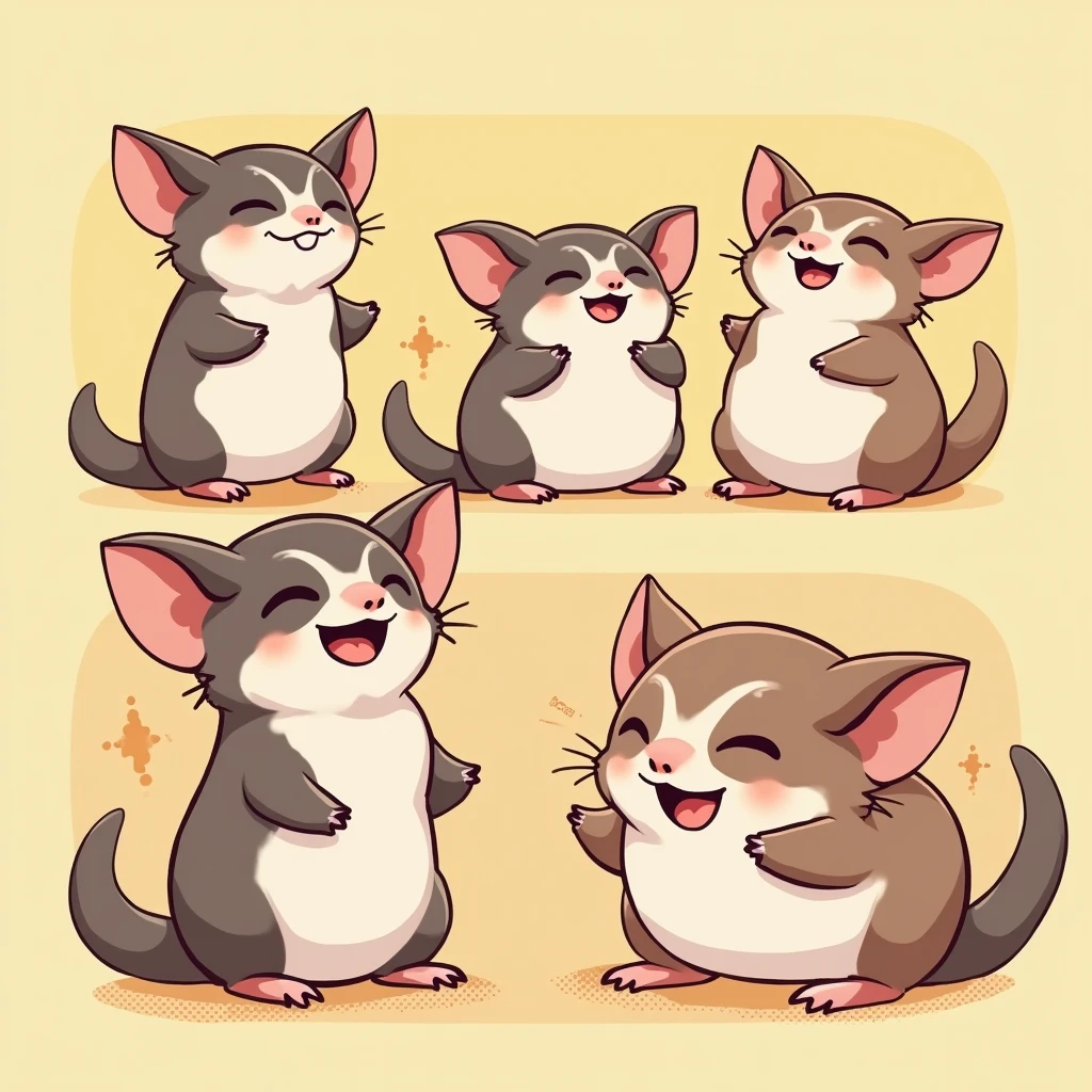 Chibi Style, 2-panel cartoon, dot halftone, Flat Color,Four sugar gliders living together in harmony,Only one male,laughing, Fisheye Shot, 