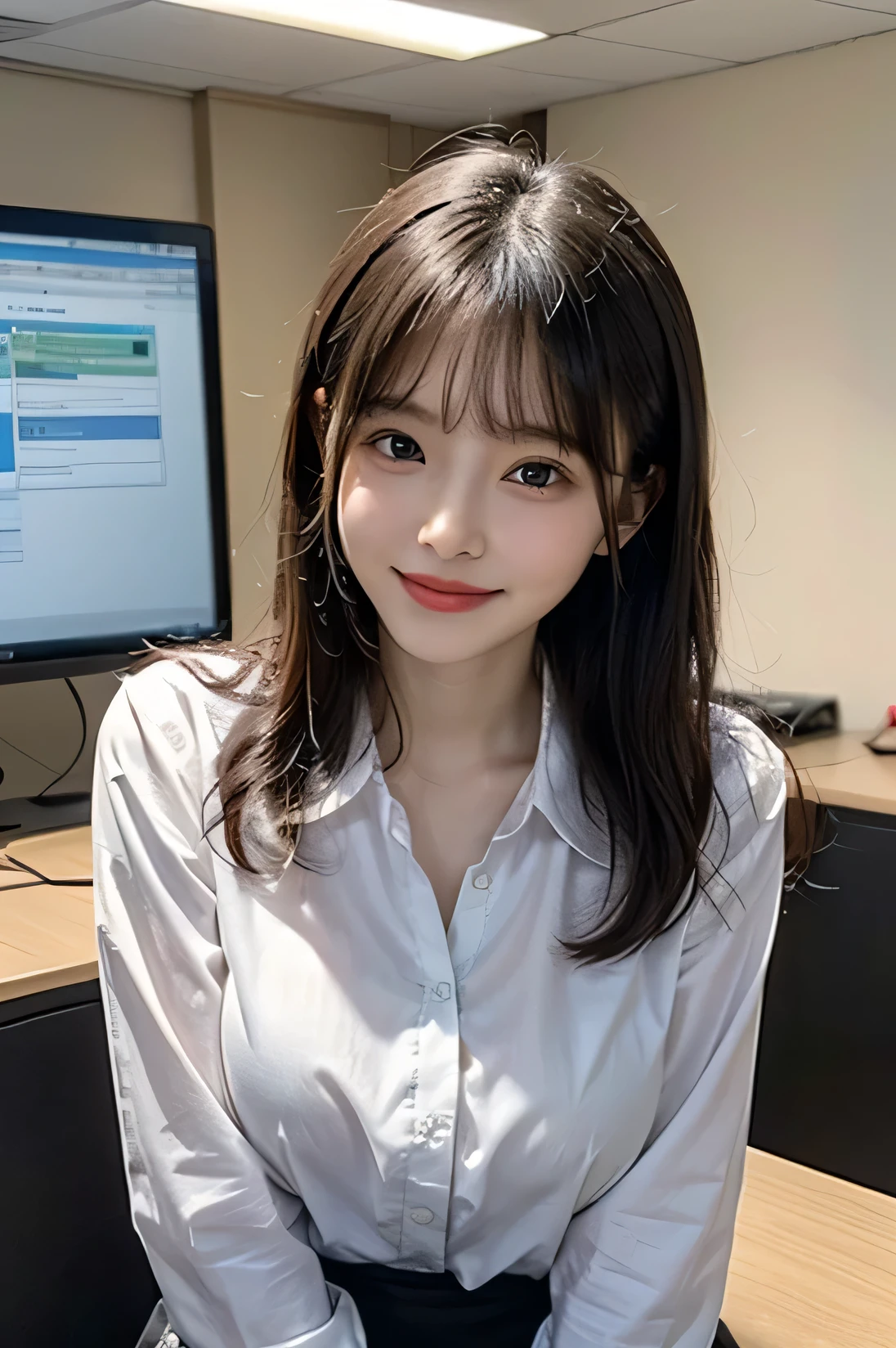 cowboy shot, masterpiece, top quality, high resolution, HDR, 8k, very beautiful Japanese girl in casual office shirt, black hair, bangs, ((big breasts)), concentrated face, smile, happy, random pose, perfect