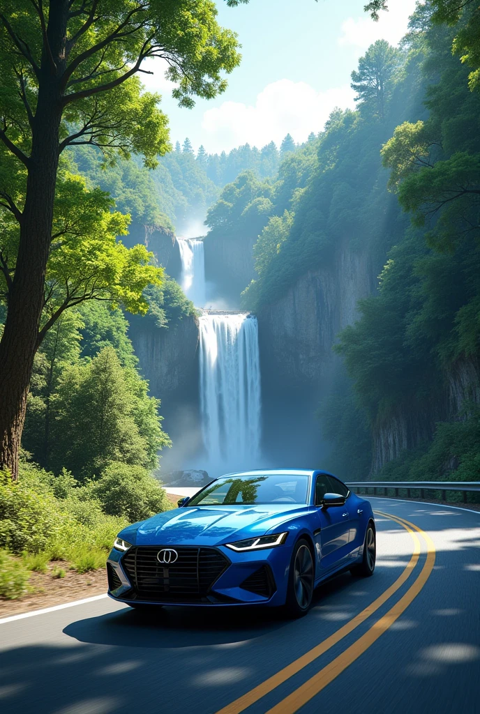 Blue driving car with green trees and water fall