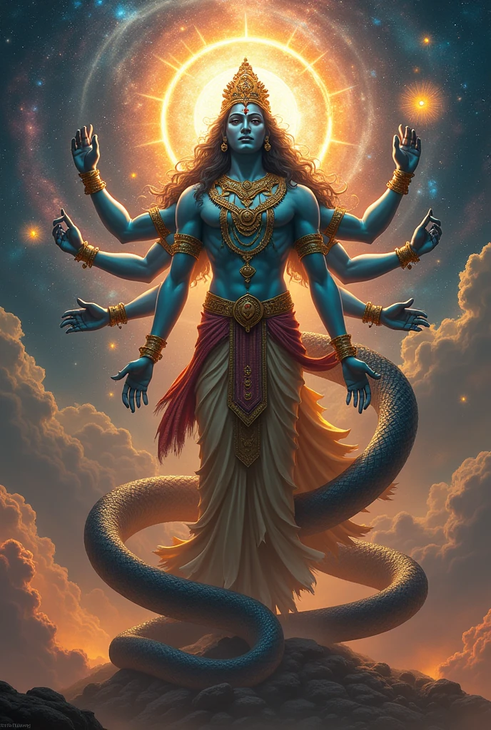 Generate me a pic of narayana in virat roop with sheshnaag