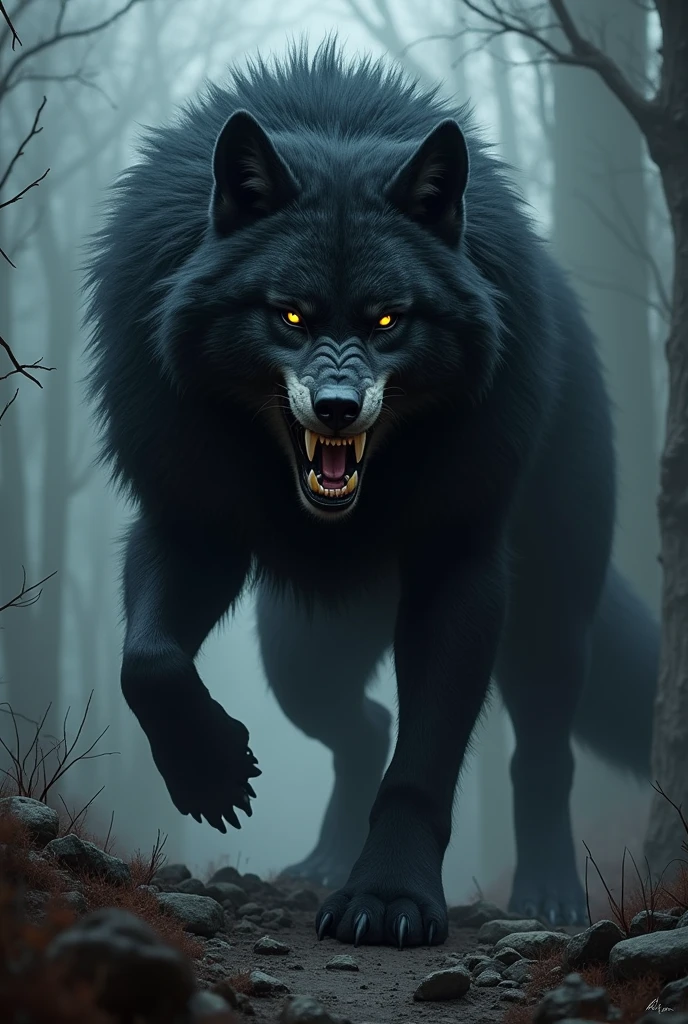 Dangerous wolf with big hairs and teeth black colour