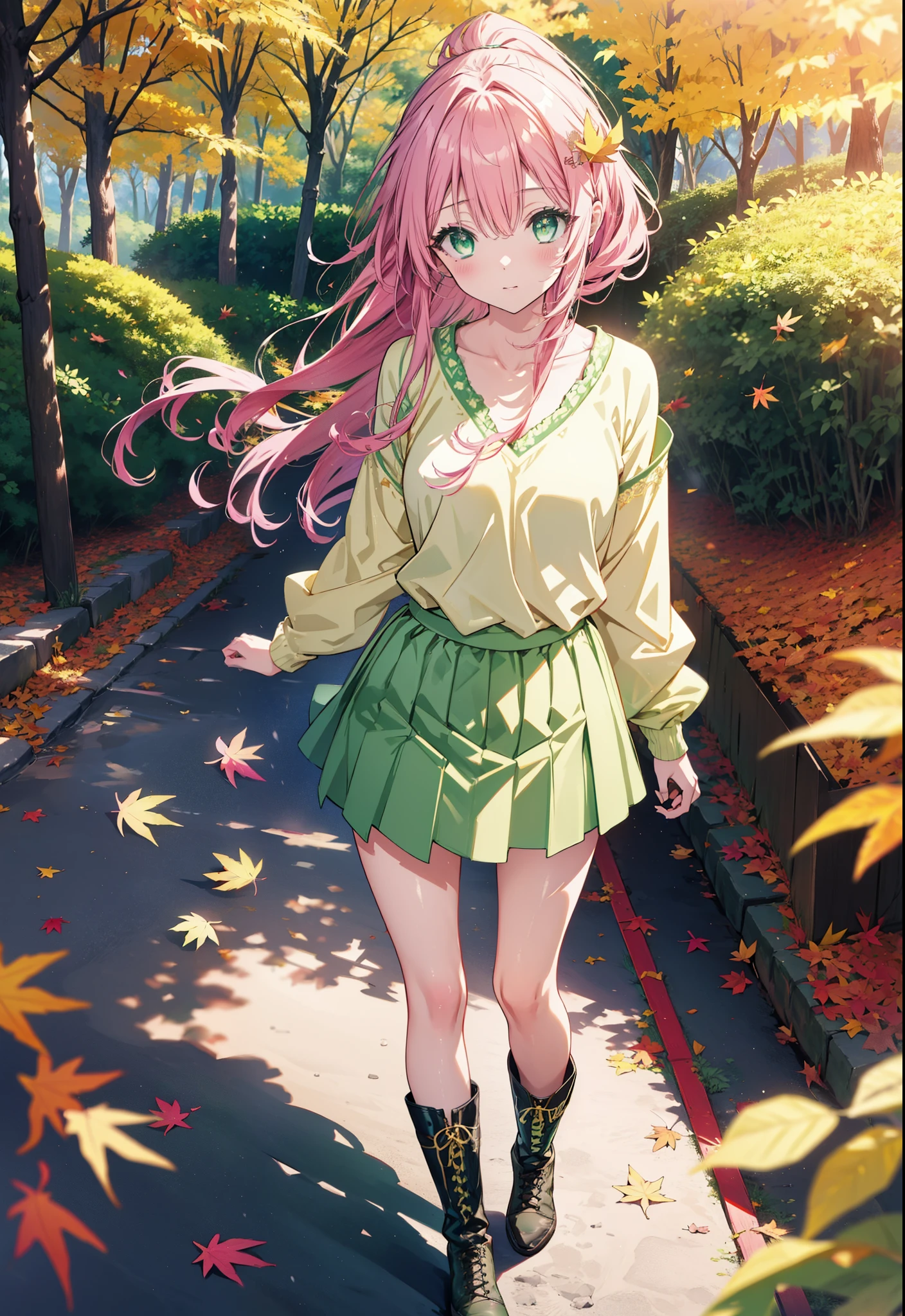 Laladevi Luke, Lara Deviluke, Long Hair, Pink Hair, tail, Ahoge, bangs, hair ornaments, (Green Eyes:1.5), smile,Open your mouth,ponytail,Open your mouth,blush,
break demon tail, One-shoulder sweater,mini skirt,black tights, short boots,Walking,autumn leaves,autumn leavesが散っている,autumn leavesが積もっている,Daytime,Clear skies,whole bodyがイラストに入るように,
break outdoors, forest,
break looking at viewer, whole body,
break (masterpiece:1.2), Highest quality, High resolution, unity 8k wallpaper, (figure:0.8), (beautiful detailed eyes:1.6), extremely detailed face, Perfect lighting, extremely detailed CG, (Perfect hands, Perfect Anatomy),