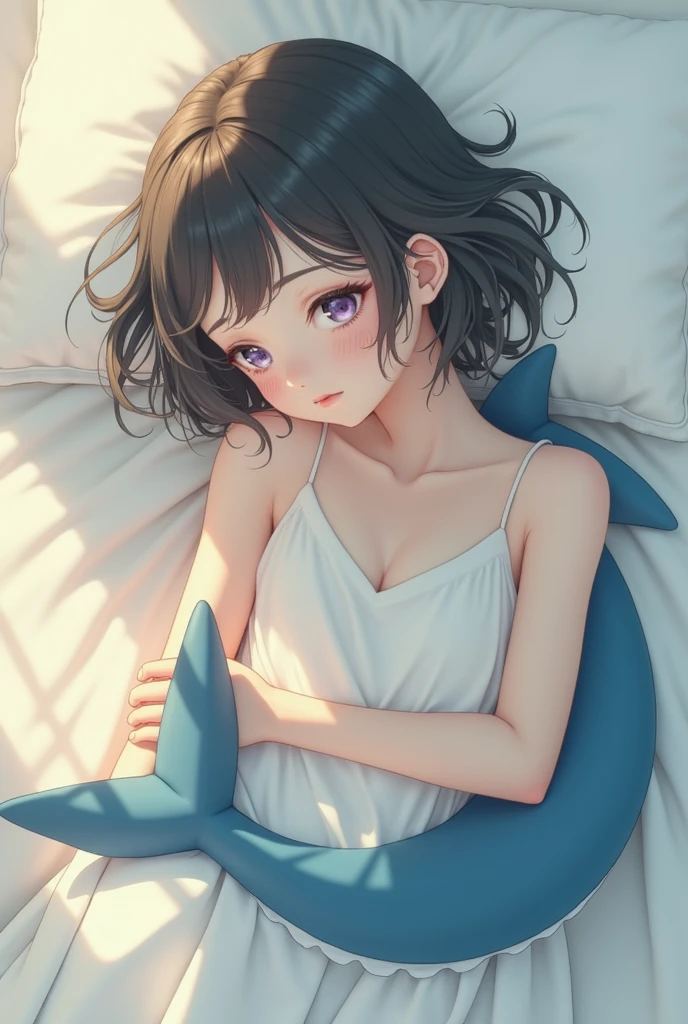 Ellen Joe, anime, girl sleeping on bed, girl has tail, girl holding tail, shark girl, realistic, sleeping, white bed, morning light, top down shot, portrait, vogue, magazine cover, peaceful