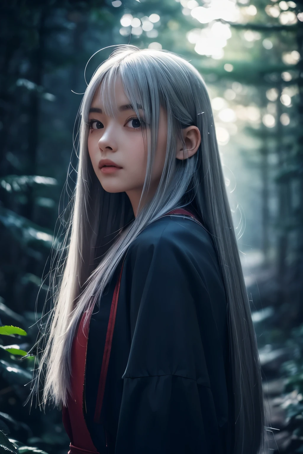 Strawberry Princess　Her hair is silver　straight　Beautiful in the wind　In a cinematic setting　In the dark forest　The overall beauty increases　Fantastic night sky