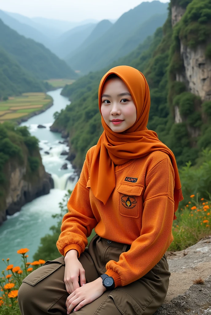 Beautiful Korean girl, smooth white skin, well-groomed face, thin smile, orange hijab, orange knitted shirt, SANTI logo motif, brown cargo pants, cool black watch, posing, sitting on a very high mountain peak, with very beautiful detailed views , background from above the river. flowing fast from the waterfall.. Trees, green and spacious rice fields, cliffs covered with moss and beautiful flowers, original photos,