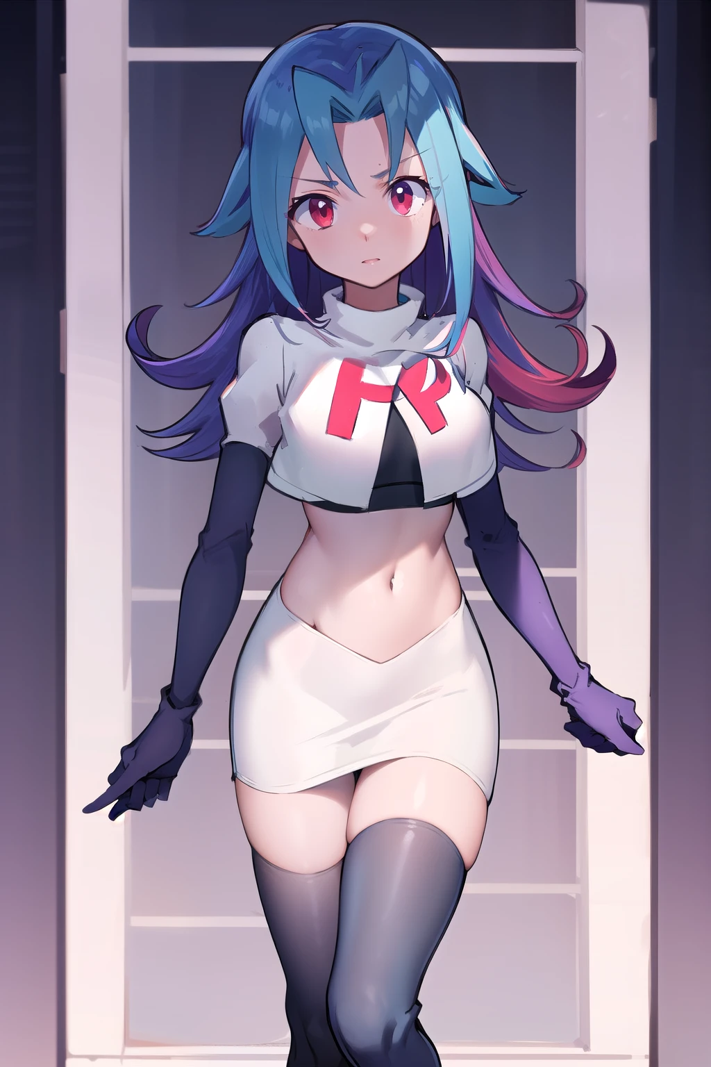 masterpiece, best quality, highres, kr1, multicolored hair, dyed bangs, team rocket,team rocket uniform,white skirt,red letter R,crop top,black thigh-highs,black elbow gloves, cowboy shot,