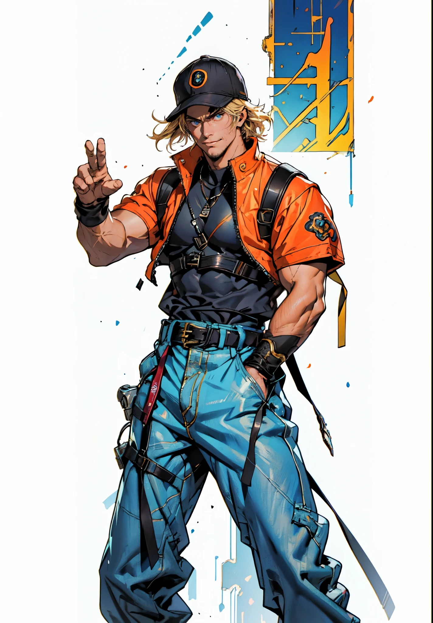 (masterpiece:1.2, best quality:1.2, extremely delicate:1.2), ((male:1.5)), a young man with blonde hair, wearing a red baseball cap backward, messy bangs windblown, a handsome face, a lazy gaze, a confident smile, a fantasy-realism style blue work vest jacket, underneath is a dark blue denim long robe with a long hem, a leather belt, loose coarse cloth trousers, strikes a kung fu pose in a horse stance, as fallen leaves are swept up by a whirlwind around him, this character embodies a finely crafted fantasy-realism style kung fu warrior in anime style, exquisite and mature manga art style, dramatic, high definition, highres, ultra-detailed, ultra-fine painting, professional, perfect body proportions, golden ratio, anatomically correct, symmetrical face, extremely detailed eyes and face, high quality eyes, creativity, RAW photo, UHD, 32k, Natural light, cinematic lighting, (masterpiece-anatomy-perfect:1.2)