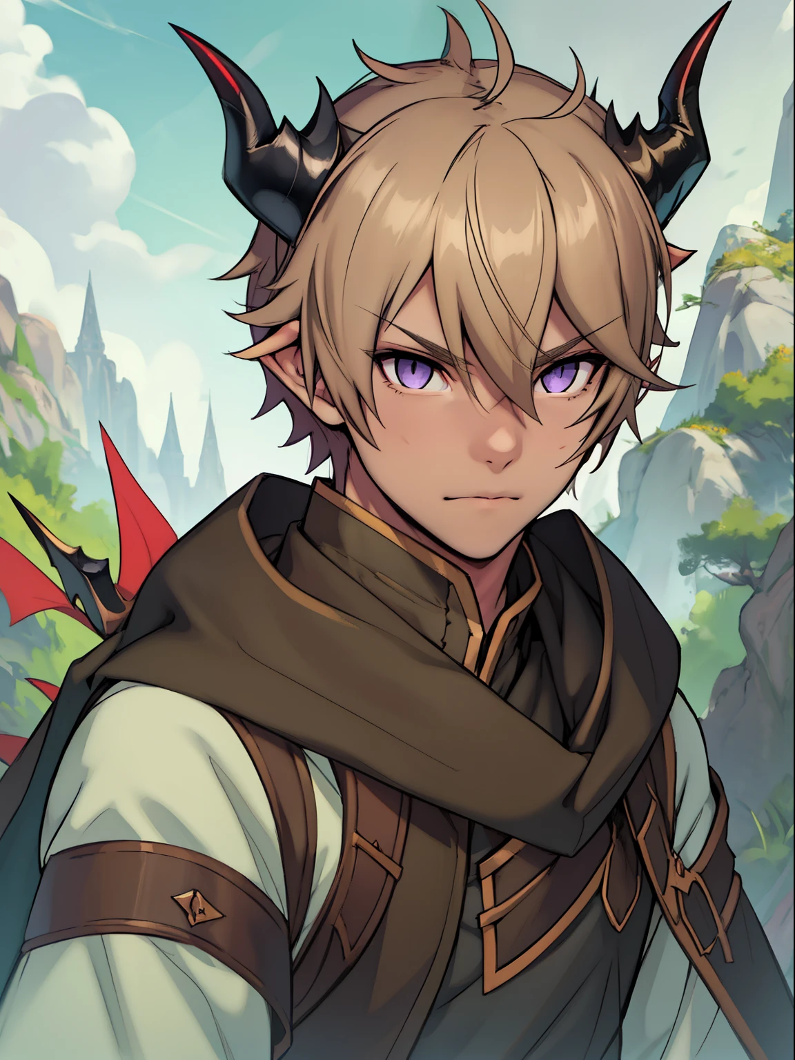 1boy, young, alone, , wanderer's outfit, dragon, clean eyes, purple eyes, sharp nails, human shape, dragon heart, short hair, blond, horns on head pointed forward, better detail of the horns,  more masculine details on the face, better image quality, better detail in the hands, better detail in the eyes, improve blonde hair color, draw full body maintaining the entire design, draw hair in the correct color light gold, marks looking like scales, coming from the neck, better variety in the hair